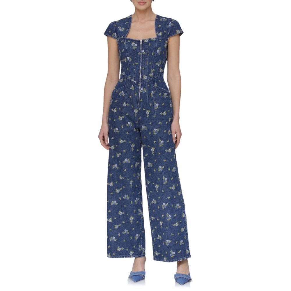 Avec Les Filles Floral Blue Corset Style Cap Sleeve Jumpsuit Sz 2